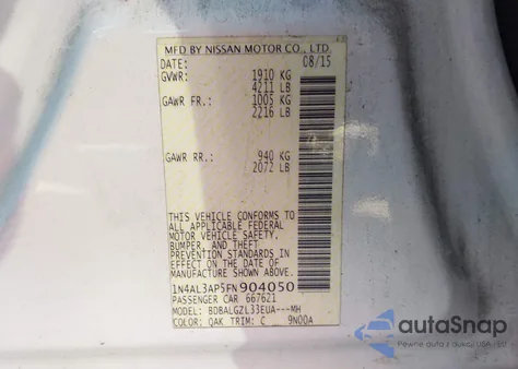 2015 Nissan Altima 2.5 S from USA, damaged, VIN 1N4AL3AP5FN904050